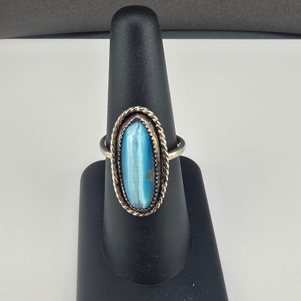 Vintage Signed Estate Ring Blue Oval Cabochon Sterling Silver Rope Border DA 6.5